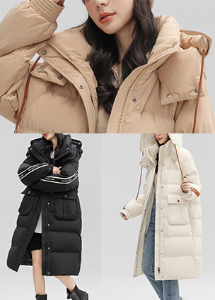 Boutique White Hooded Pockets Duck Down Puffers Jackets Winter