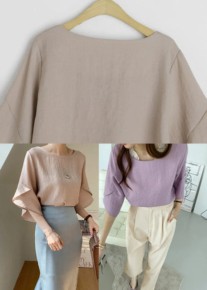 Khaki O-neck Slim Fit Linen Shirt Top Butterfly Sleeve