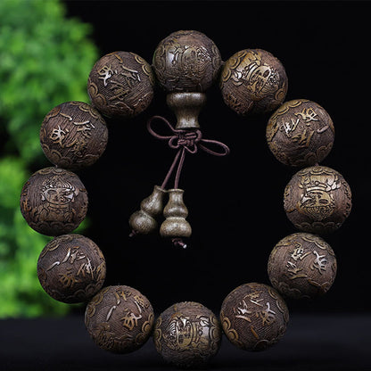 Buddha Stones Chinese Zodiac Rosewood Ebony Copper Coin Pixiu Carved Warmth Bracelet