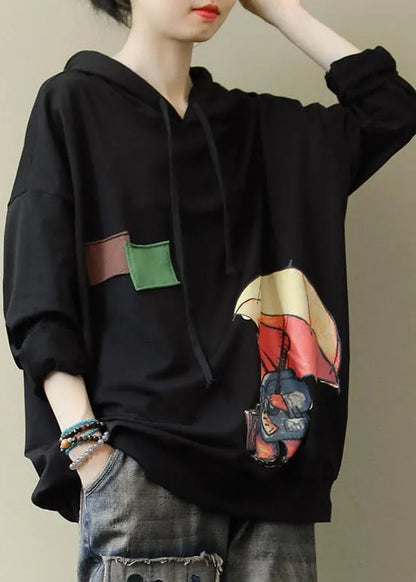 Black Hooded Cotton Sweatshirt Street Wear Spring