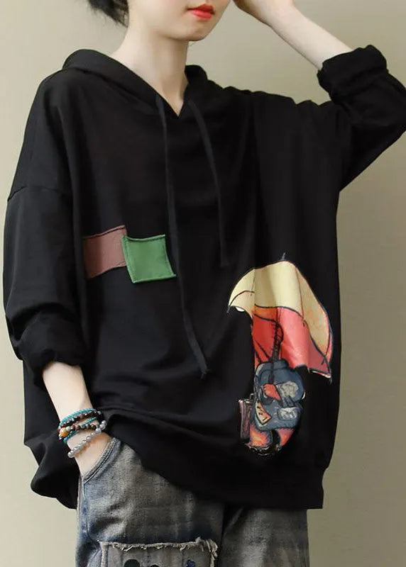 Black Hooded Cotton Sweatshirt Street Wear Spring