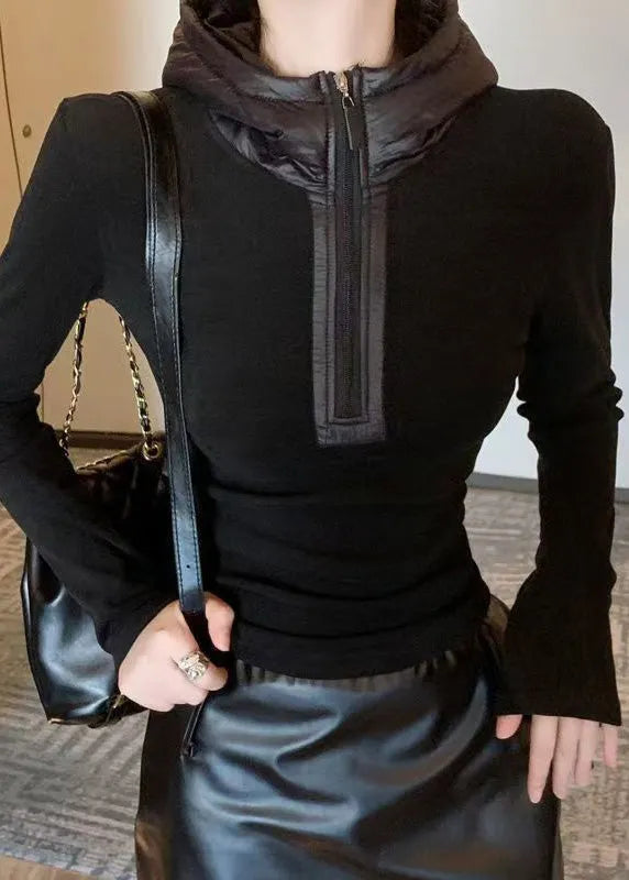 Slim Fit Black Hooded Zippered Cotton T Shirts Top Winter