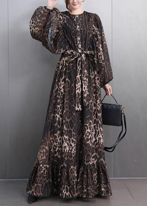Leopard Button Tie Waist Maxi Dresses Fall