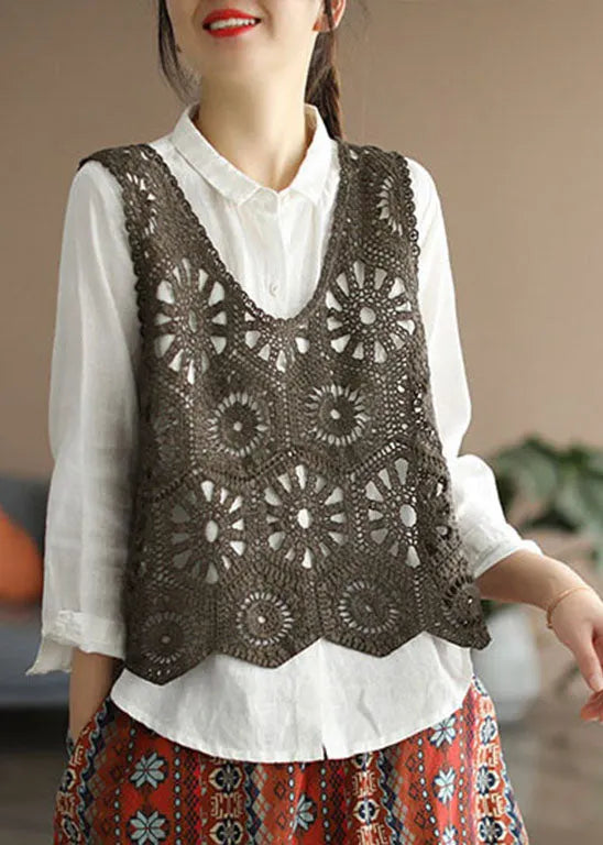 Chocolate Hollow Out Knit Vest Sleeveless