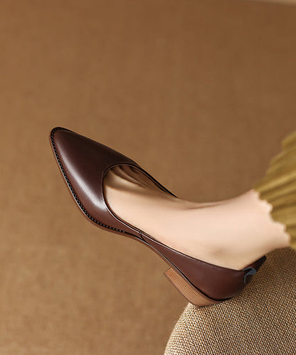 Chunky Heel Beige Cowhide Leather Pointed Toe