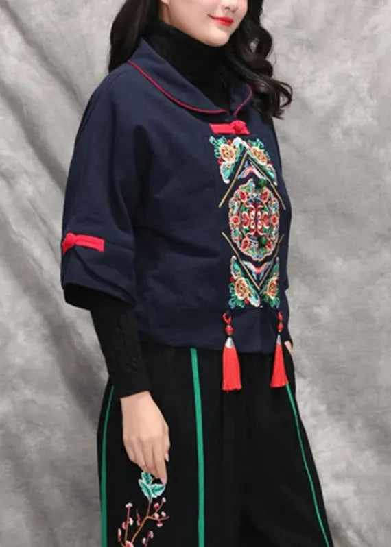 Navy Peter Pan Collar Tassel Coats Long Sleeve