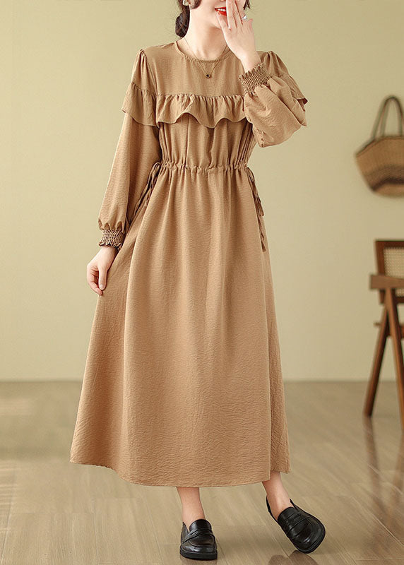 French Green O-neck Ruffled Patchwork Drawstring Party Long Dress Fall