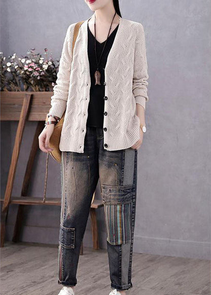 Art Blue V Neck Button Fall Knit Sweater Coat