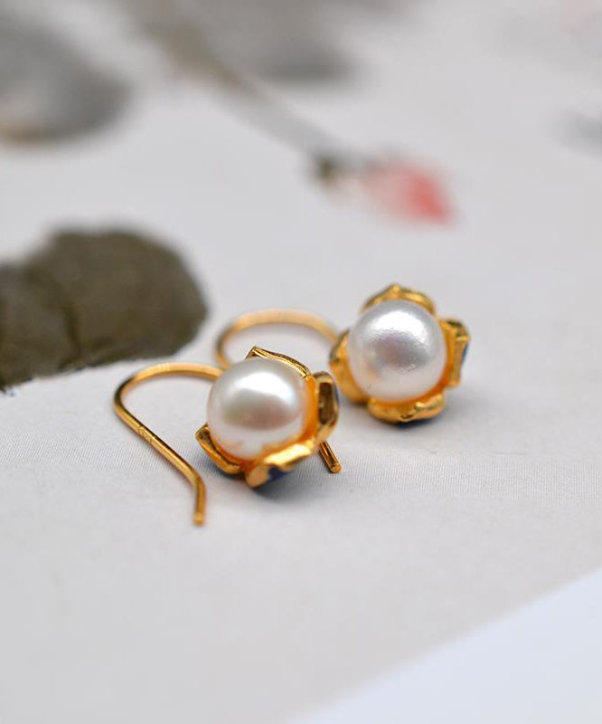 Yellow Sterling Silver Overgild Pearl Cloisonne Enamel Drop Earrings
