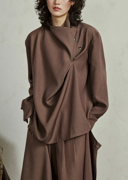 Fine Coffee Asymmetrical Button Shirt Lantern Sleeve Spring
