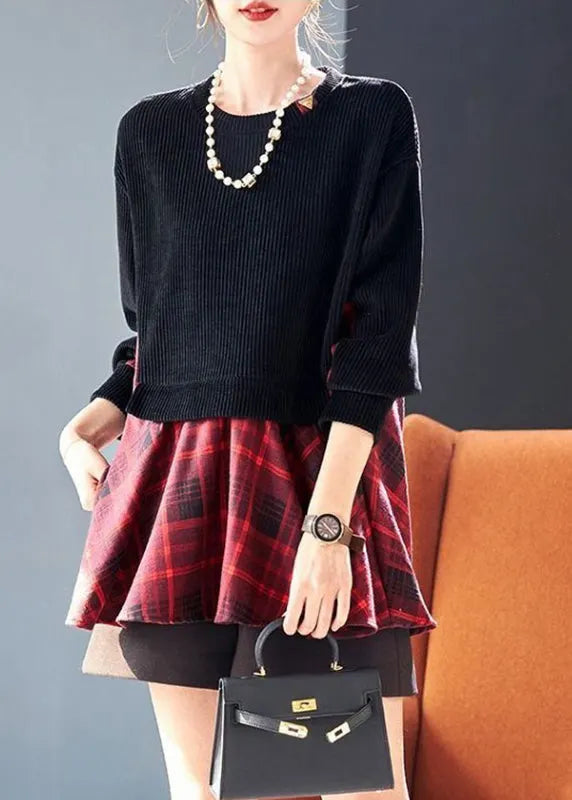 Loose Black O-neck Plaid Patchwork Fake Two Pieces Sweatshirts Fall