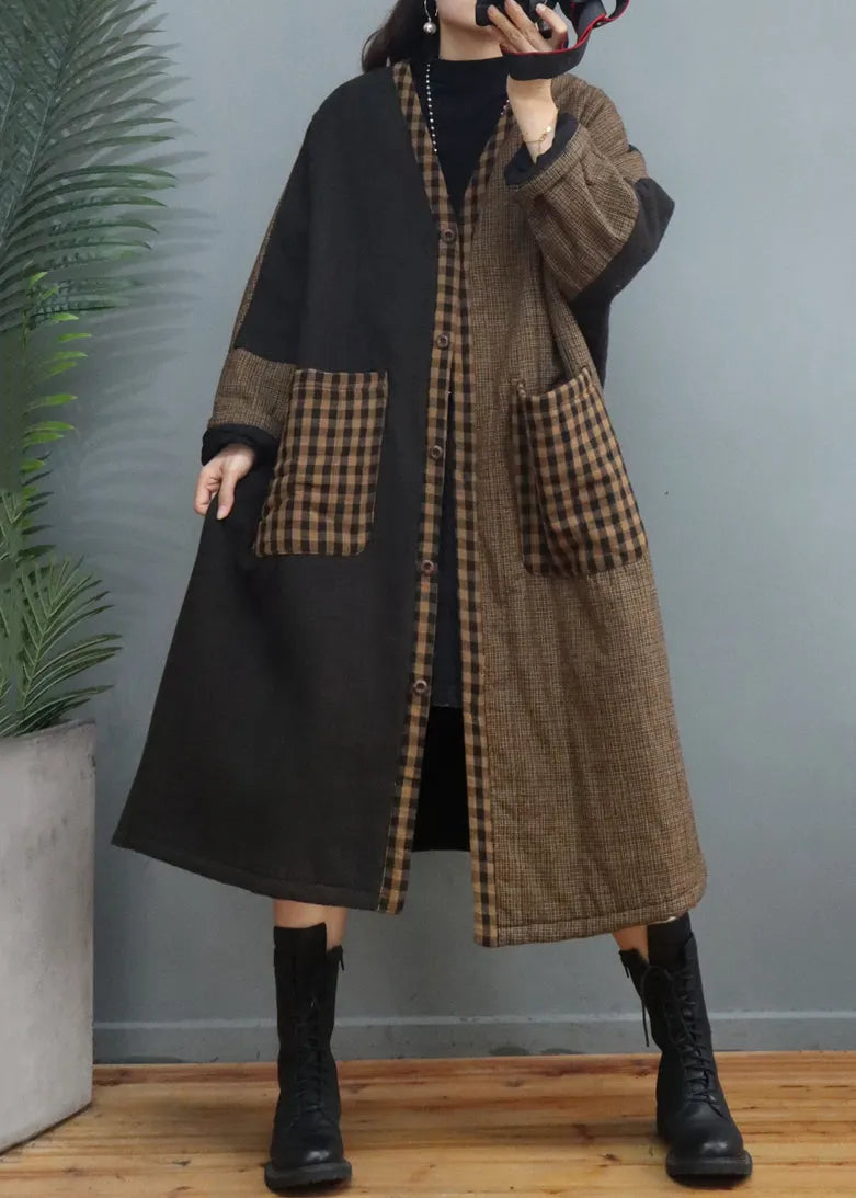 Coffee Plaid Pockets Patchwork Thick Long Coat Fall
