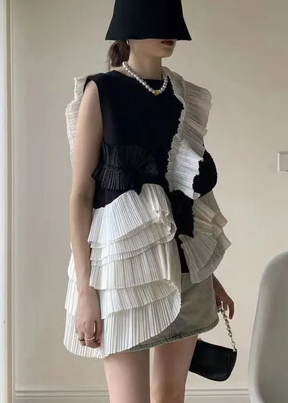 Style Black Ruffled Asymmetrical Patchwork Chiffon Top Sleeveless