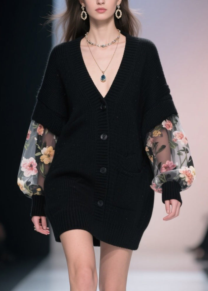 Black V Neck Button Tulle Patchwork Knit Loose Coat Fall
