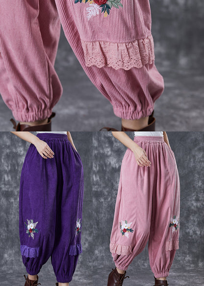 Pink Patchwork Corduroy Harem Pants Embroideried Fall
