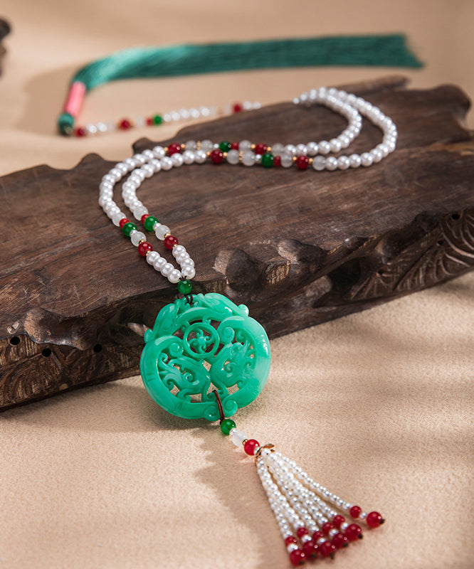 Green Alloy Jade Pearl Beading Tassel Pendant Necklace