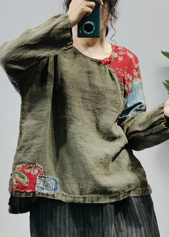 Green Print Linen Shirt Tops O-neck Button Long Sleeve