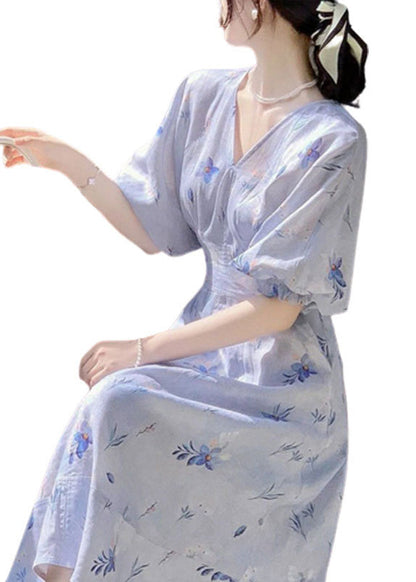 Blue V Neck Print Cotton Long Dress Summer