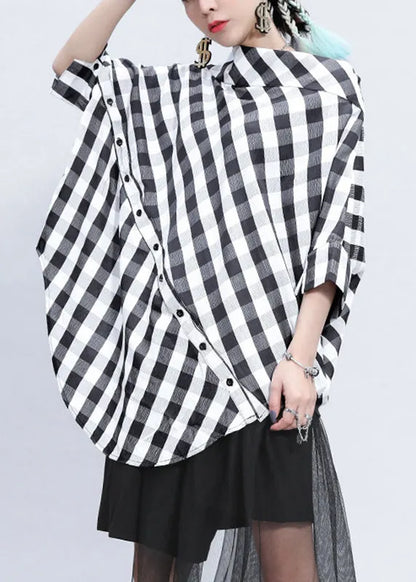 Plaid Stand Collar Asymmetrical Patchwork Button Linen Tops Batwing Sleeve