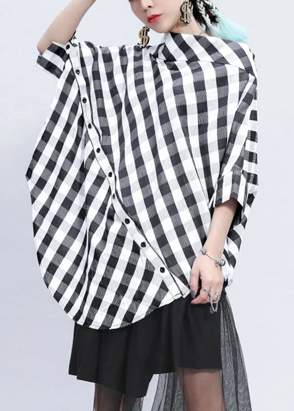 Plaid Stand Collar Asymmetrical Patchwork Button Linen Tops Batwing Sleeve