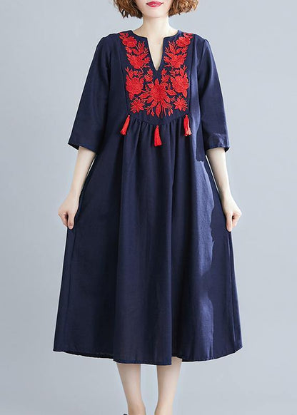 Handmade Blue Clothes V Neck Tassel Spring Linen Dresses