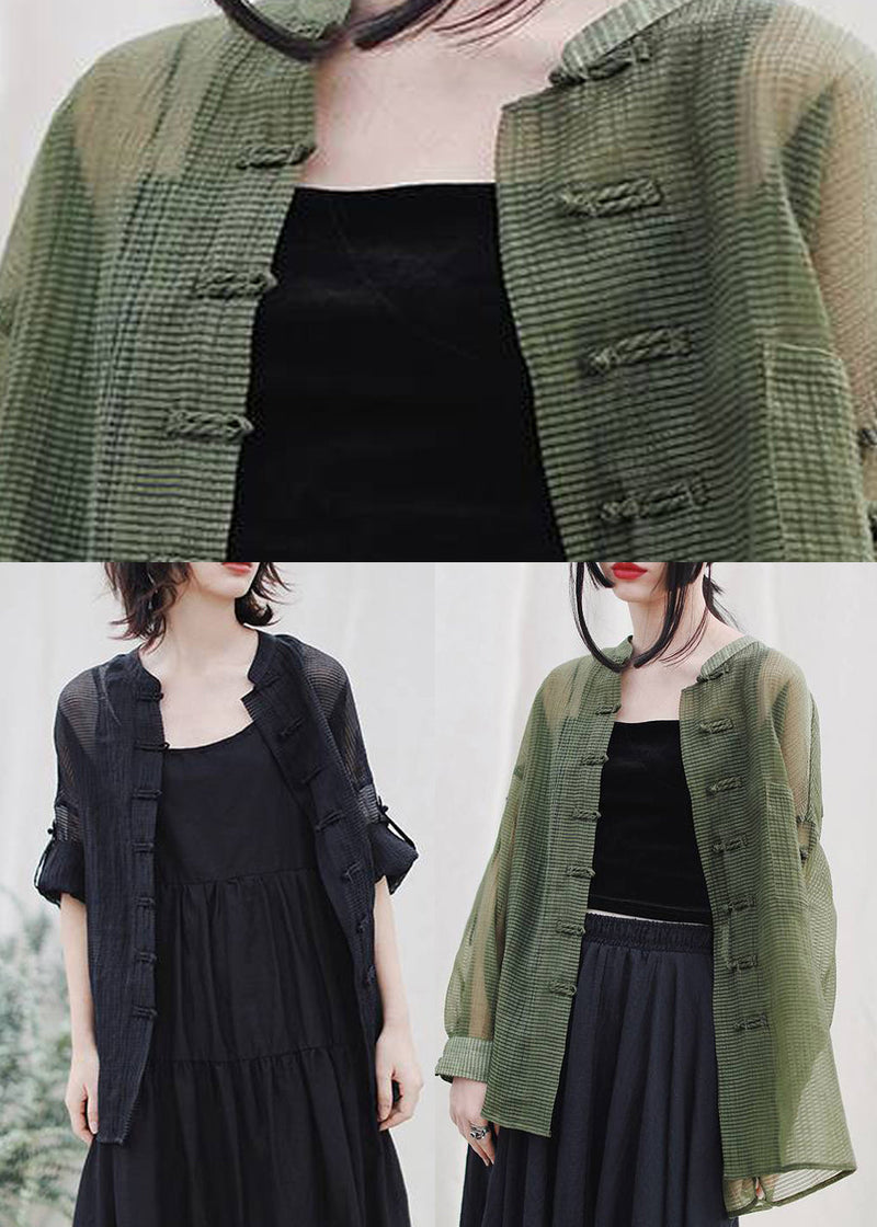 Green Pockets Loose Tulle Coats Mandarin Collar Button Spring