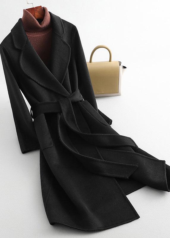 White Notched Tie Waist Woolen Long Coats Fall