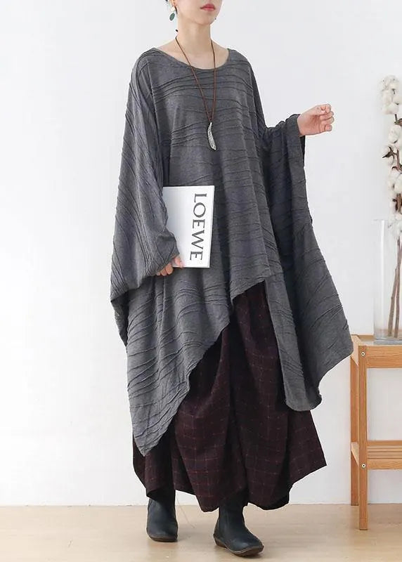 Modern Grey Wrinkled Knit Fall Long Sleeve Shirt