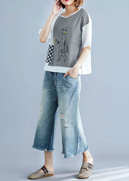 Fine White O Neck Plaid Patchwork Cartoon Embroideried Cotton Tops Short Sleeve