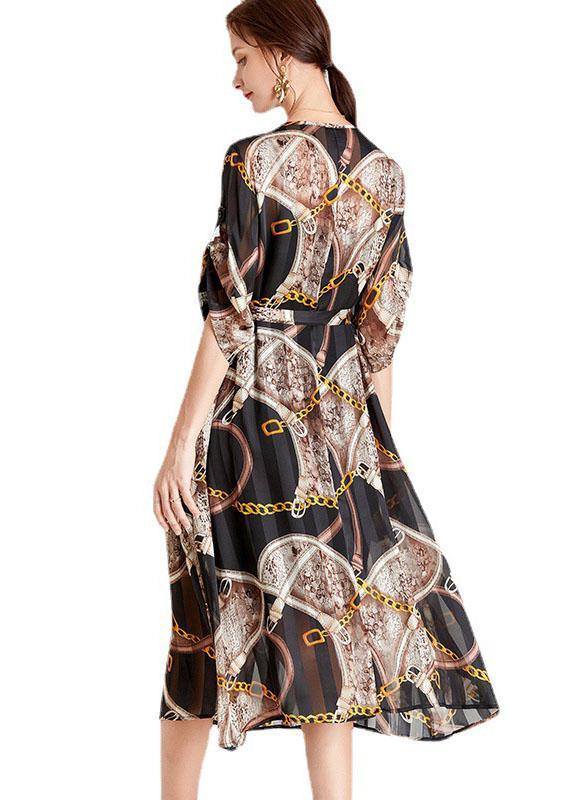 Modern Chains Black Tie Waist a Line Fall Chiffon Half Sleeve Vacation Dress