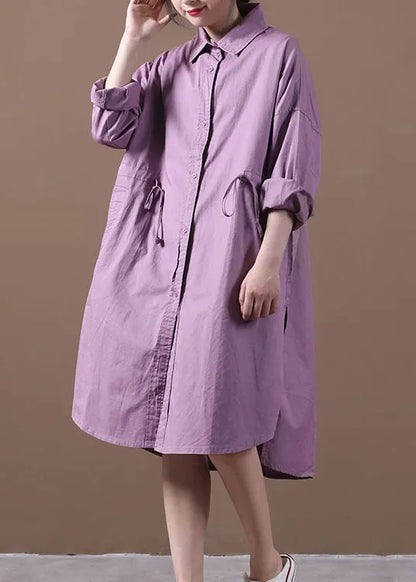 Purple Peter Pan Collar Button Cotton Shirt Dresses Long Sleeve