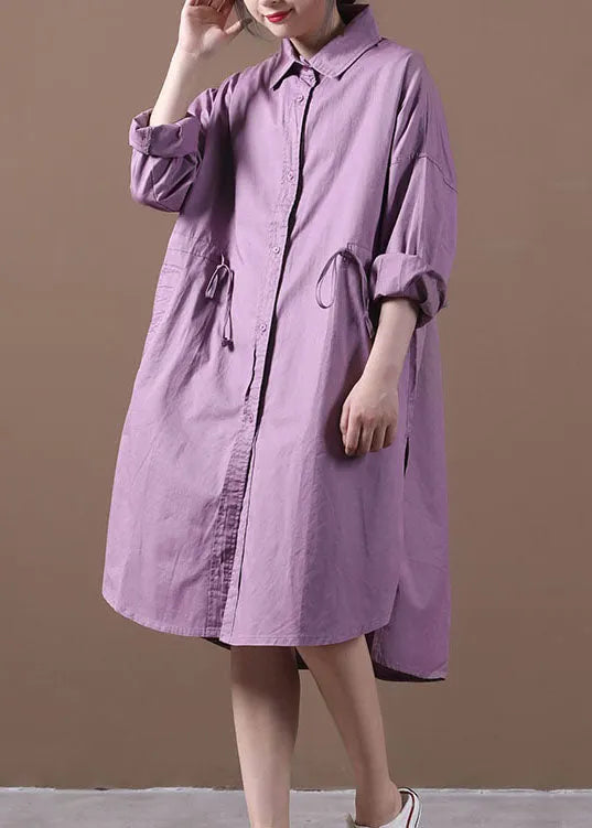 Purple Peter Pan Collar Button Cotton Shirt Dresses Long Sleeve
