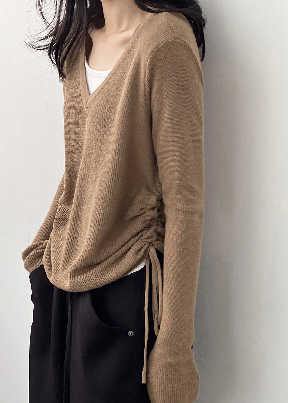 Coffee Cinched Knit Blouses V Neck Long Sleeve