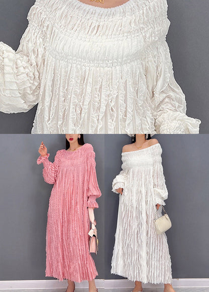 Pink Long Dresses Slash Neck Wrinkled Long Sleeve