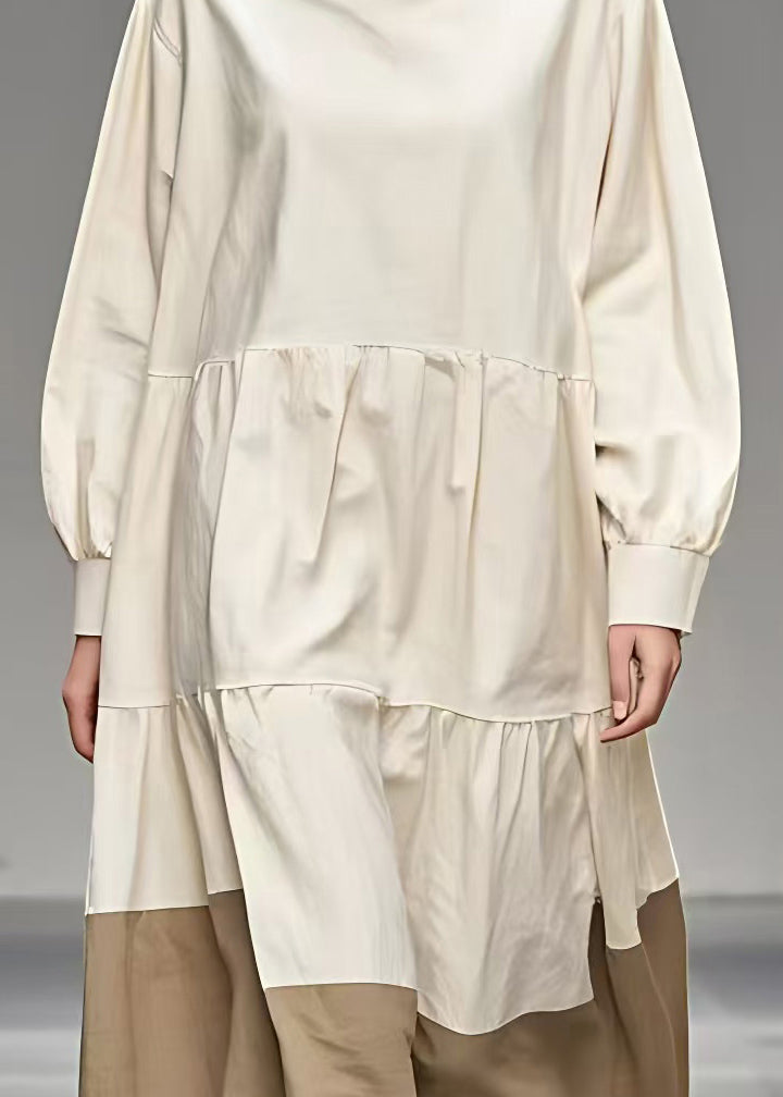 Beige Peter Pan Collar Patchwork Maxi Dress Fall