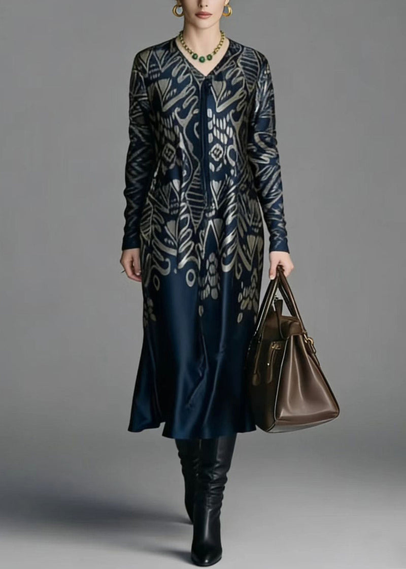 V Neck Print Silk Dress Spring