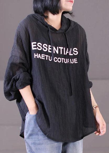 Classy Black Hooded Drawstring Wrinkled Cotton Sweatshirt Long Sleeve