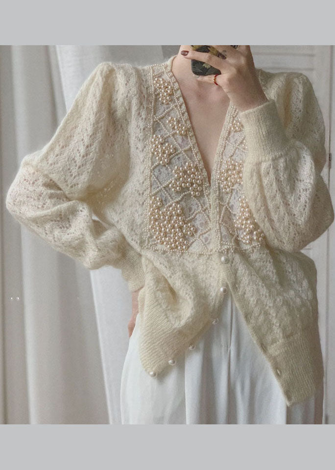Loose Beige V Neck Pearl Button Thick Ma Hai Mao Knit Coat Long Sleeve