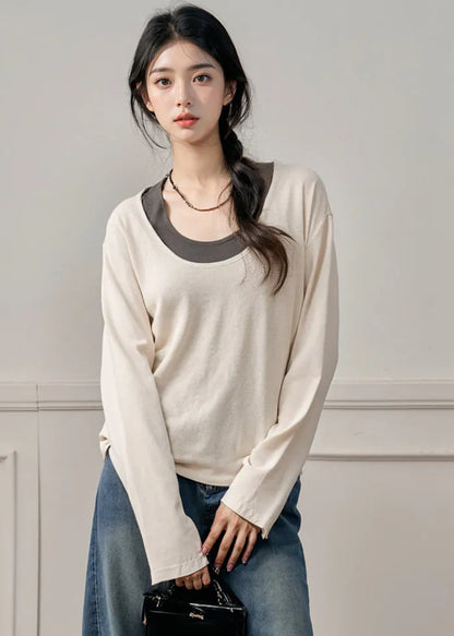 Handmade Apricot O-neck Patchwork Fake Two Pieces T Shirt Fall
