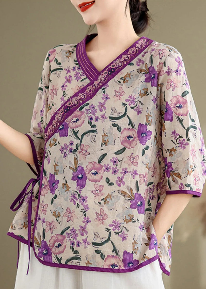 Handmade Purple Embroidered Print Linen Shirt Top Half Sleeve