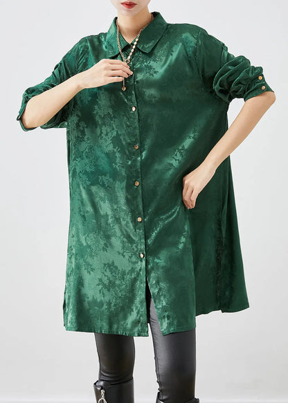 Diy Blackish Green Jacquard Side Open Draping Silk Long Shirt Fall