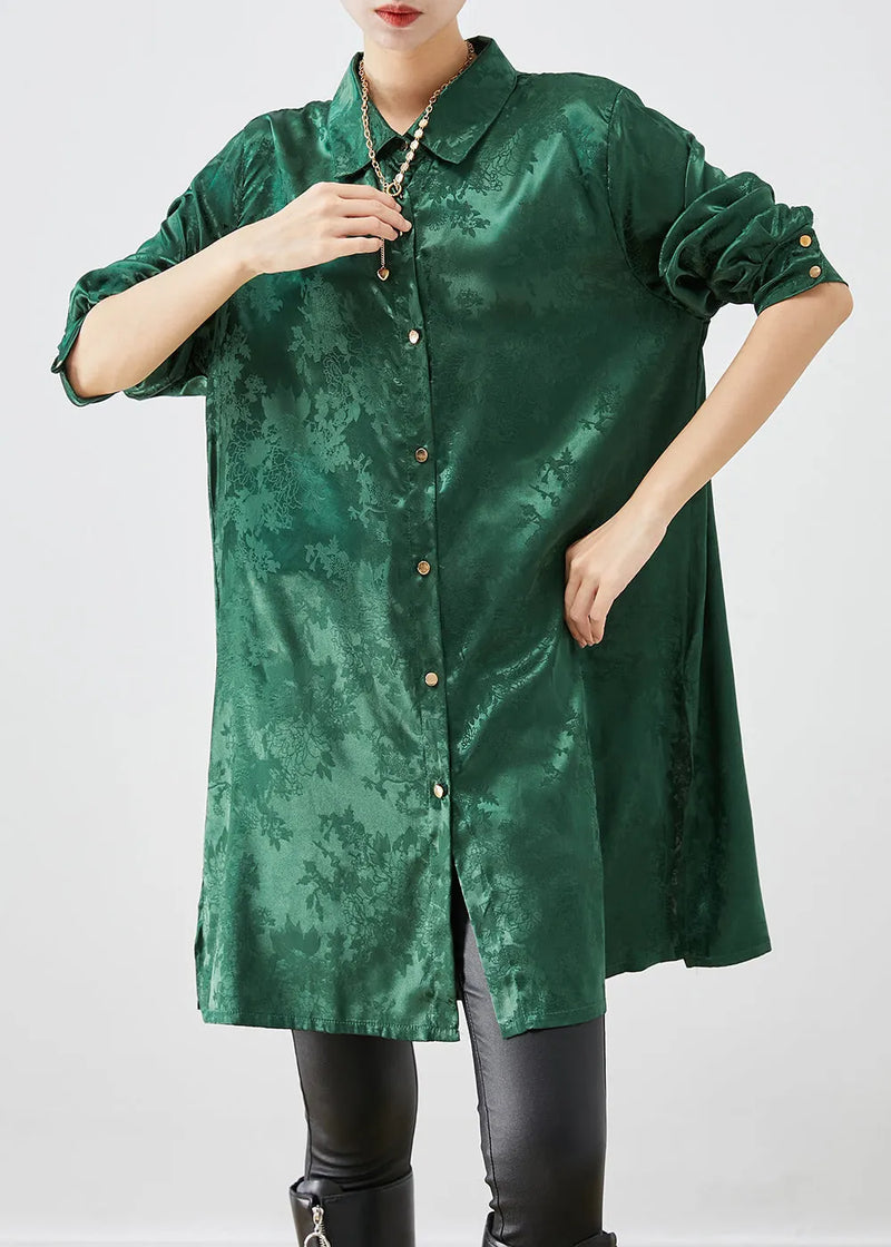 Diy Blackish Green Jacquard Side Open Draping Silk Long Shirt Fall