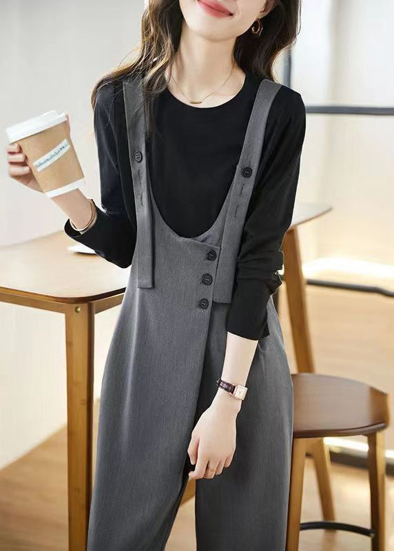 Grey Pockets High Waist Patchwork Cotton Jumpsuits Fall