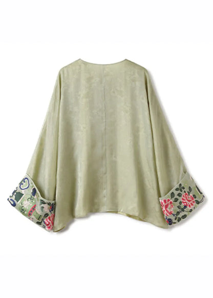 Green O-neck Asymmetrical Embroideried Silk Shirts Fall