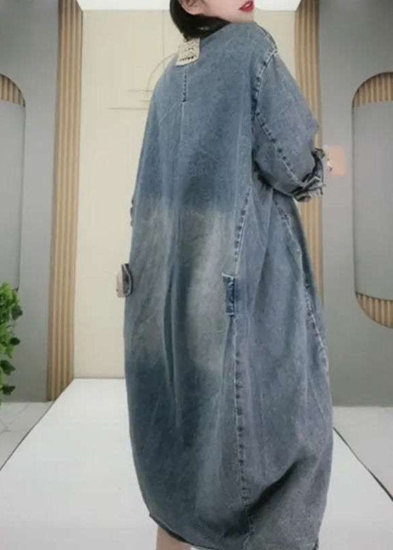 Natural Blue Peterpan Collar Button Pockets Hole Fall Long Sleeve Denim Party Dress