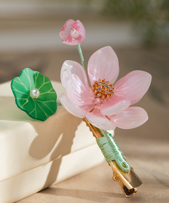 Pink Alloy Chiffon Colored Glaze Pearl Lotus Tassel Hairpin