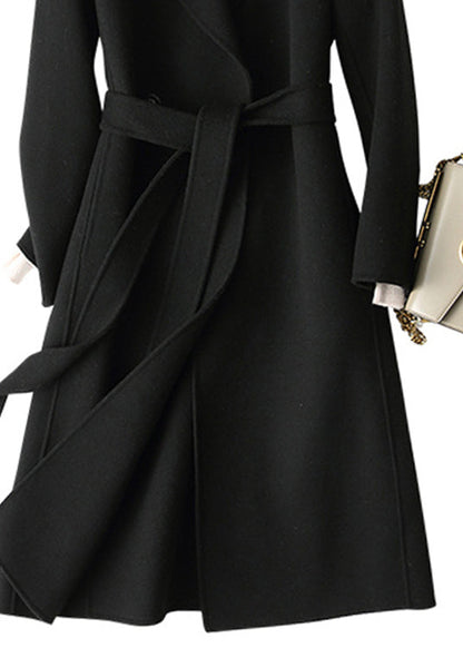 Black Notched Tie Waist Woolen Long Coats Fall