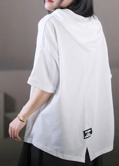 French Orange Hooded Letter Print Cotton Pullover Short Sleeve