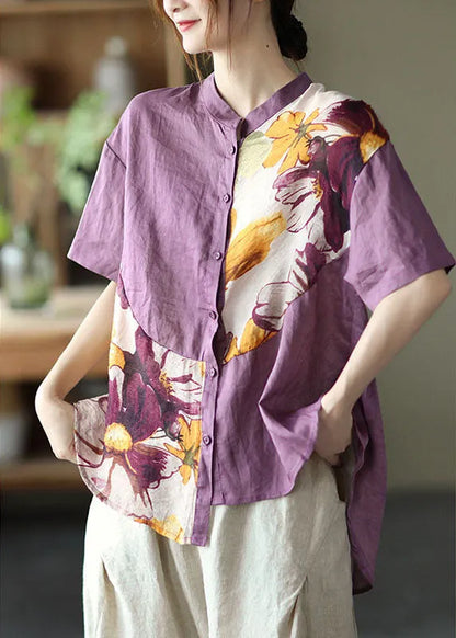 Diy Purple Button Patchwork Fall Half Sleeve Top