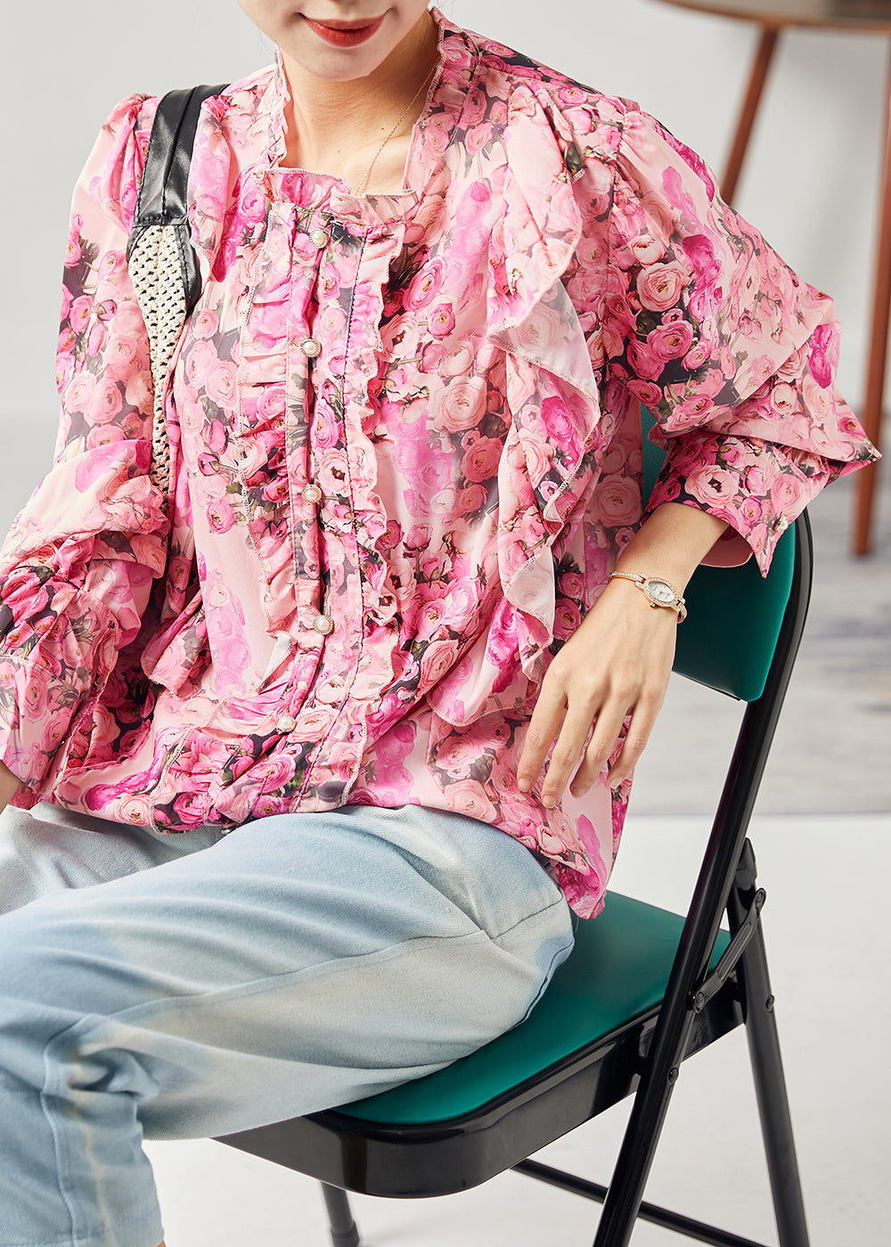 Red Print Patchwork Ruffled Silk Shirt Tops Spring
